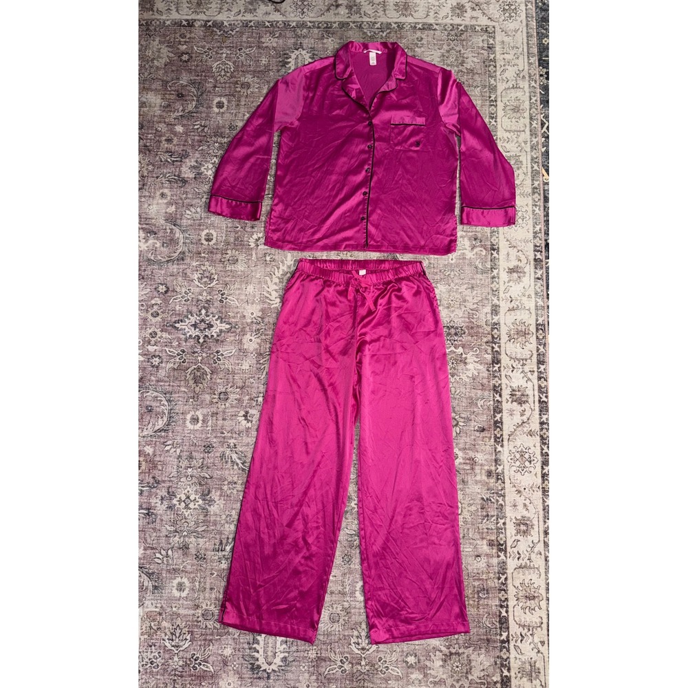 Victoria's Secret Satin Pajama Set Magenta Pink Button Long Sleeve Pants Medium